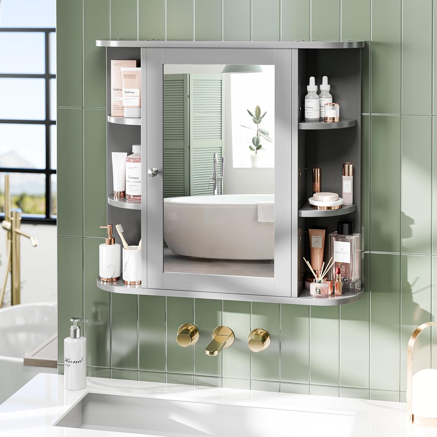 Bathroom Mirror Cabinet Wall Mounted, Bathroom Medicine Cabinet with Mirror and 6 Open Shelves