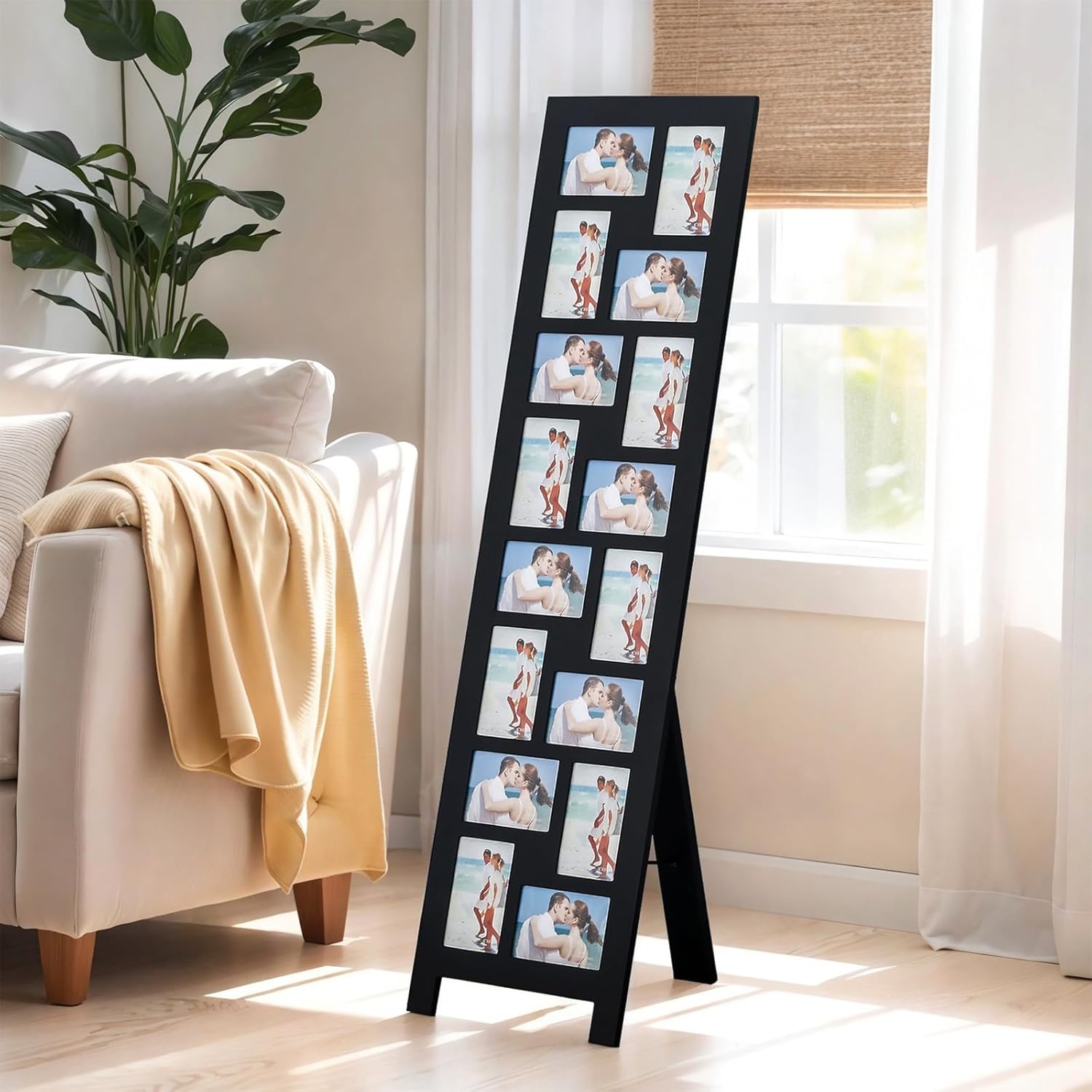 Wood Screen Style Collage Picture Photo Frame, 16 Opening Decorative Floor Standing Easel Photo Frame