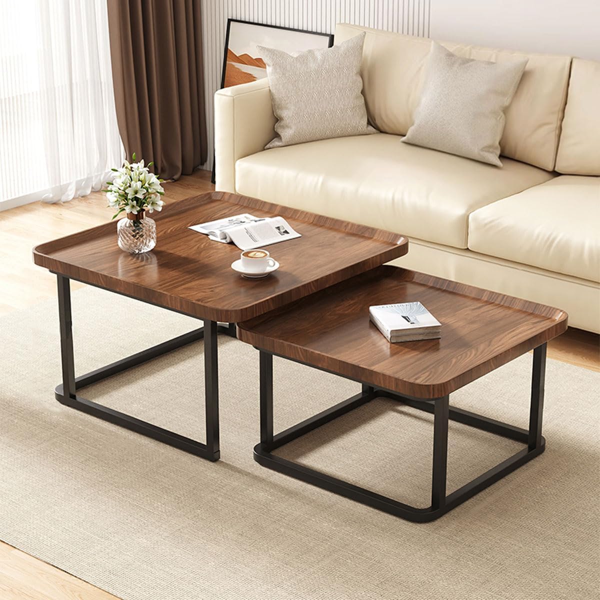 Nesting Coffee Table Set of 2, 23.6"+19.7" Square Stacking Side Table