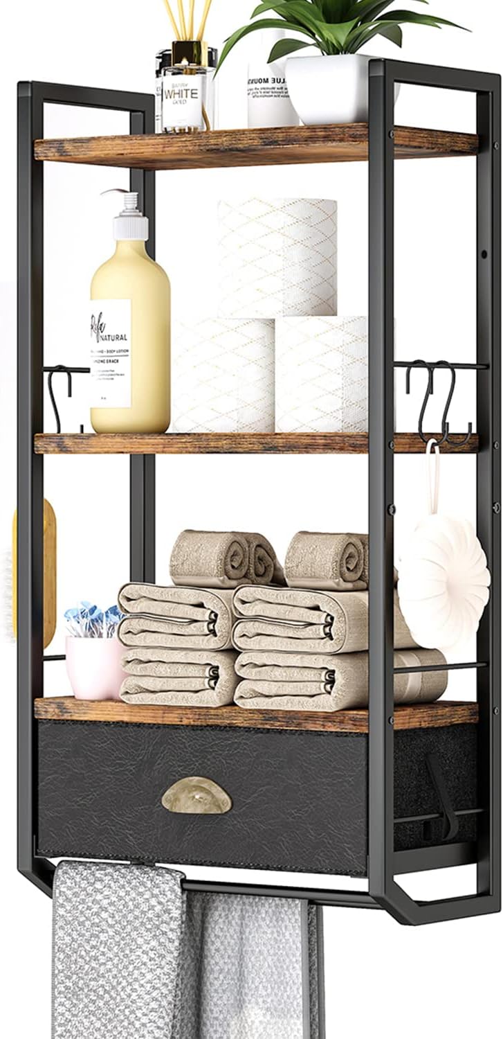 Bathroom Storage Organizer Wall Mounted, 3 Tier Bathroom Towel Rack Shelf with Storage Drawer Double Towel Bars and Hooks