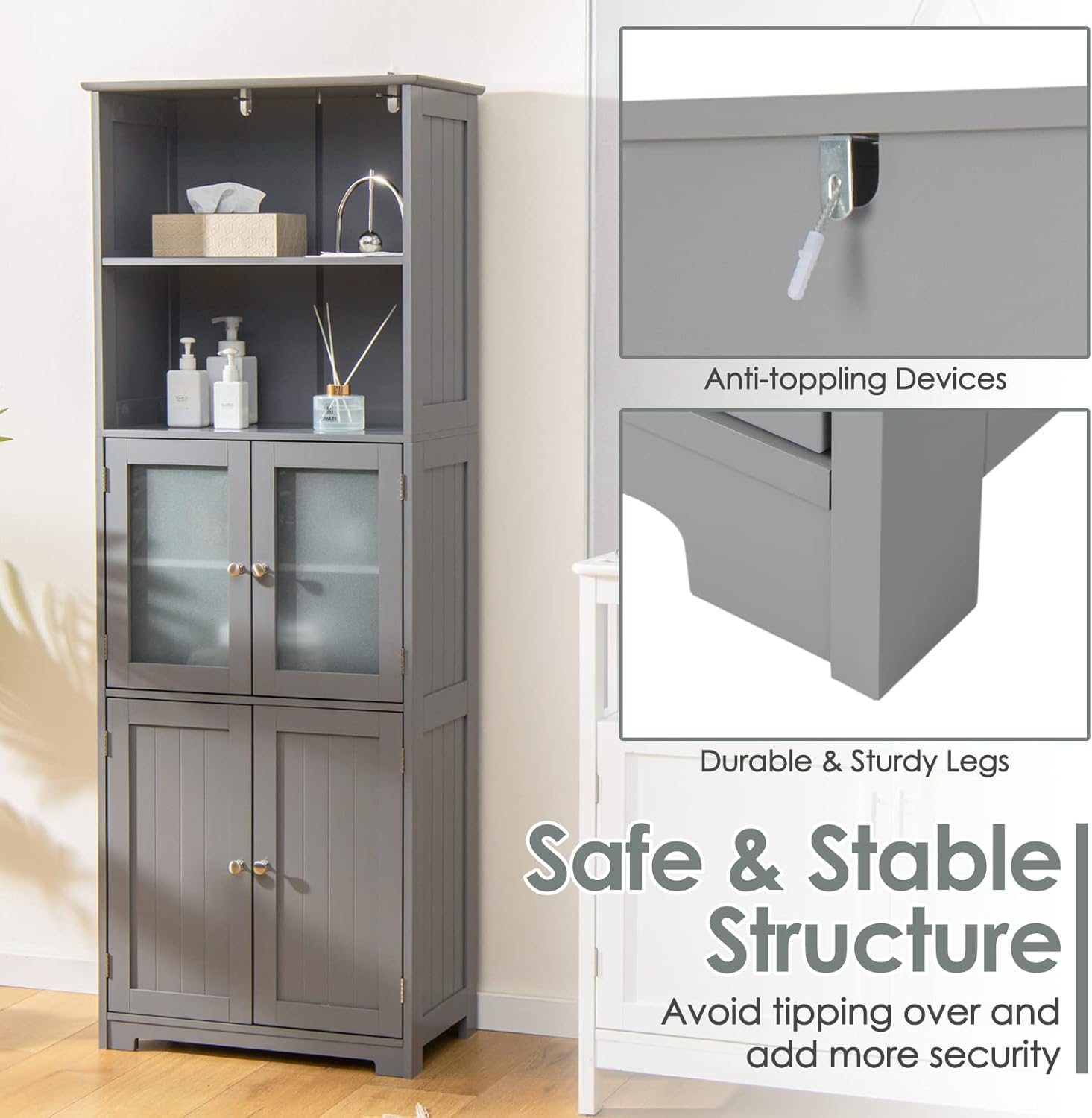 Tall Bathroom Storage Cabinet, Freestanding Floor Cabinet w/2 Glass Doors & 2 Open Shelves, 3-Position Adjustable Shelves, Anti-toppling Design