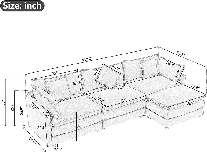 112.2" Sectional Sofa for Living Room, Convertible L-Shape Couch