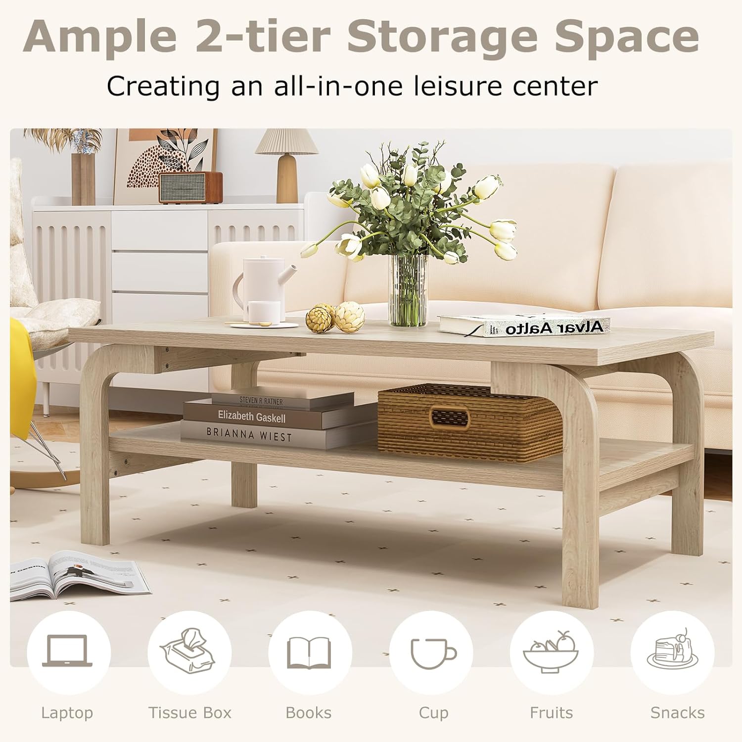 2-Tier Coffee Table with Storage, 47” Mid Century Rectangle Accent Table with Open Shelf, Large Tabletop & Curved Legs