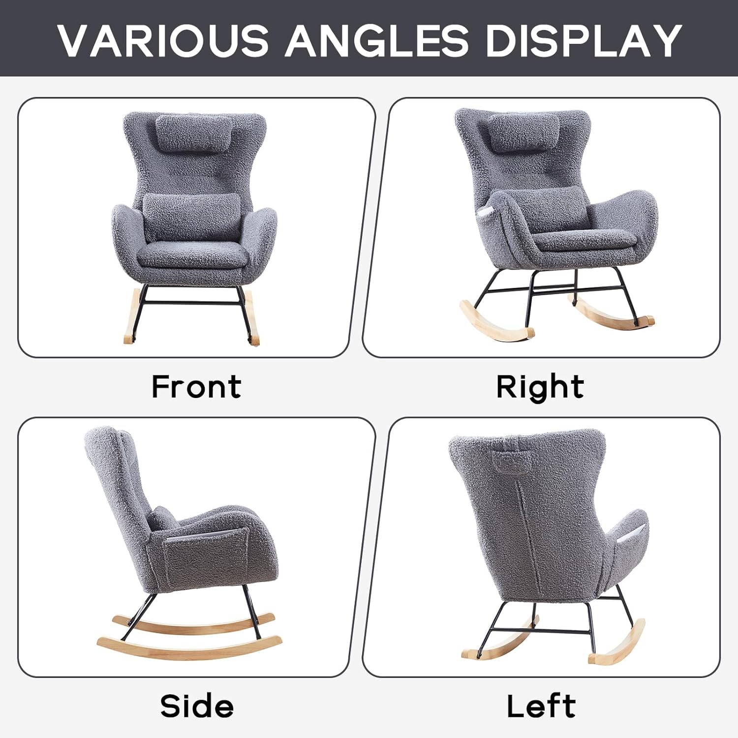 Nursery Rocking Chair, Teddy Upholstered Glider Rocker with Headrest and Lumbar Pillow, High Backrest Rocking Accent Chair with Side Pocket, Comfy Armchair for Living Room