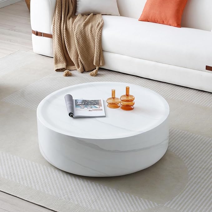 35.43" Faux Marble Coffee Table, Round White Coffee Table