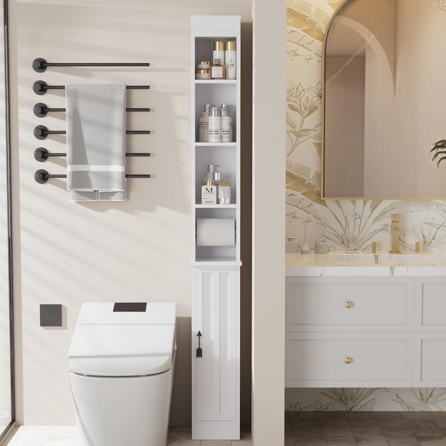 Bathroom Tall Cabinet with Adjustable Shelves, Slim Storage Cabinet with Toilet Paper Scroll