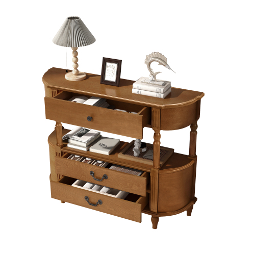 JPJPUU Retro Curved Wood Console Table with 3 Drawers, 43'' Entry Table with Storage Shelf, Sofa Table Behind Couch with Solid Wood Legs for Living Room Hallway