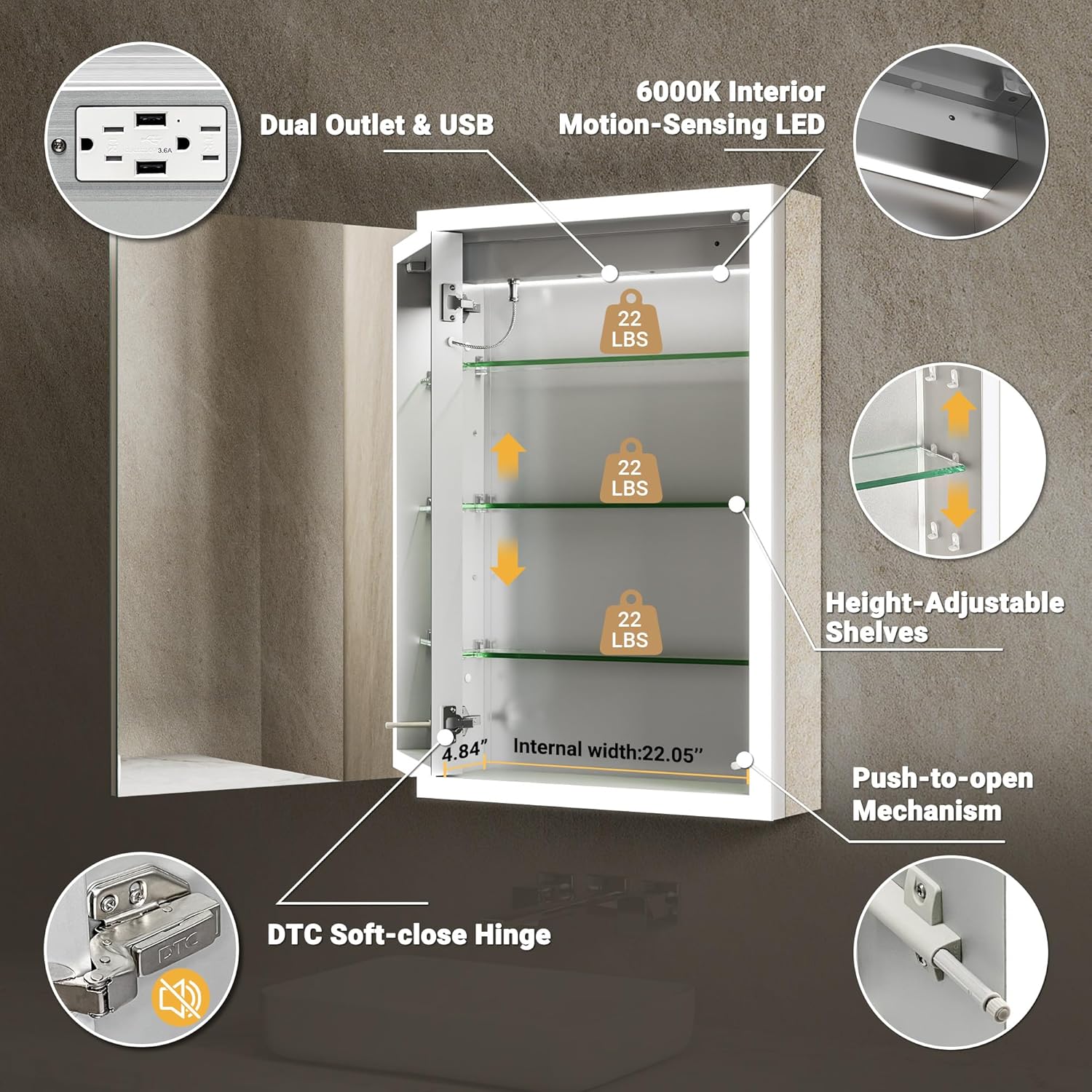 LED Medicine Cabinet with Mirror, 24x32 Surface or Recessed Lighted Medicine Cabinet with Mirror
