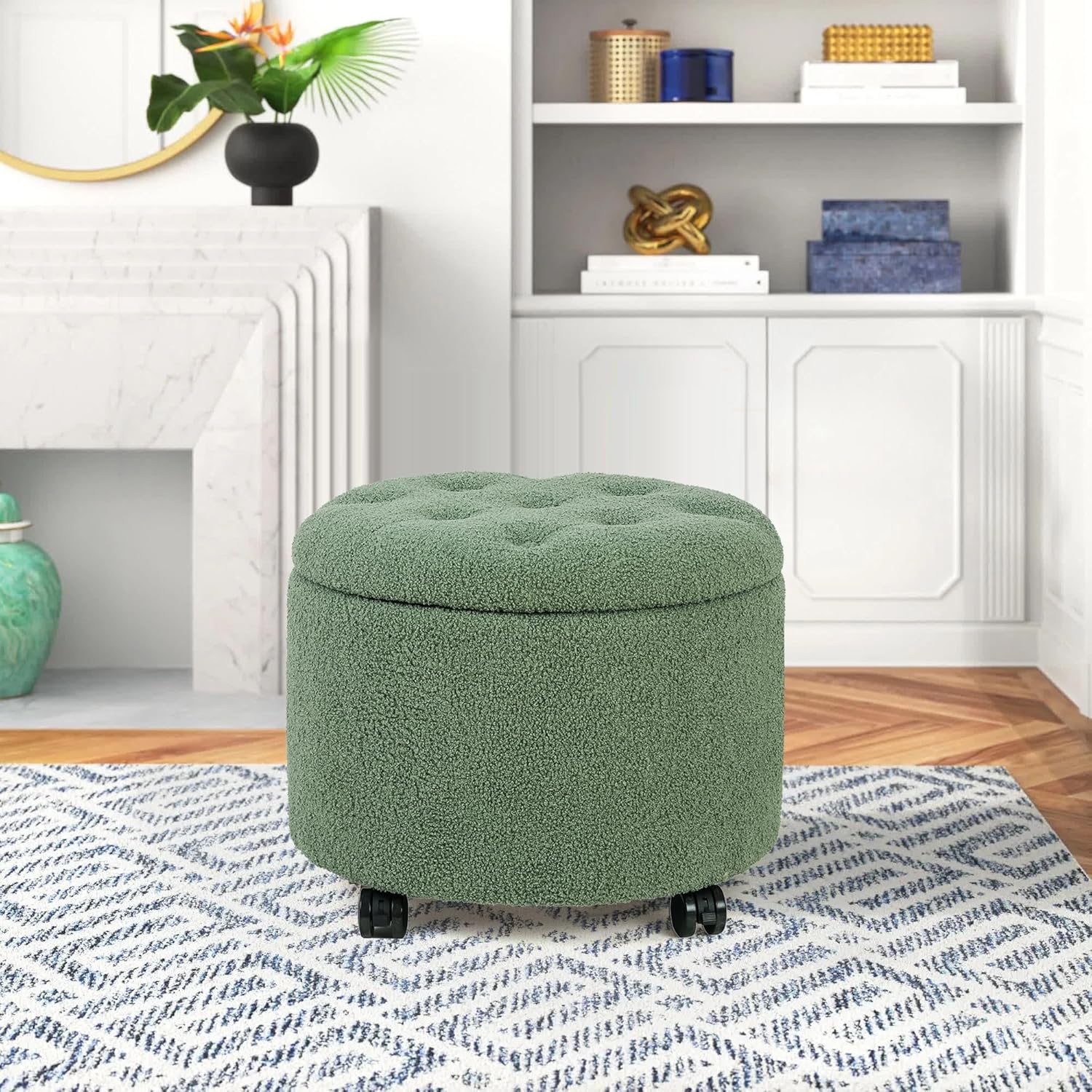 Teddy Fleece Cushion Round Button Tufted Storage Footstool, Height 16 Inches Storage Ottoman