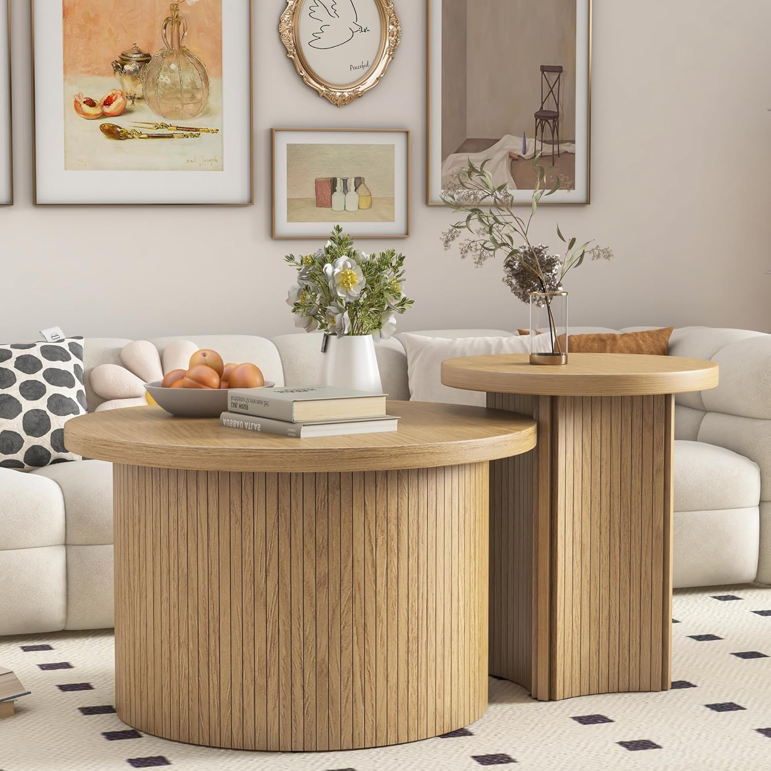 Set of 2 Nesting Coffee Tables Farmhouse,Round Coffee Tables Living Room,Wood Finish Coffee Table Set