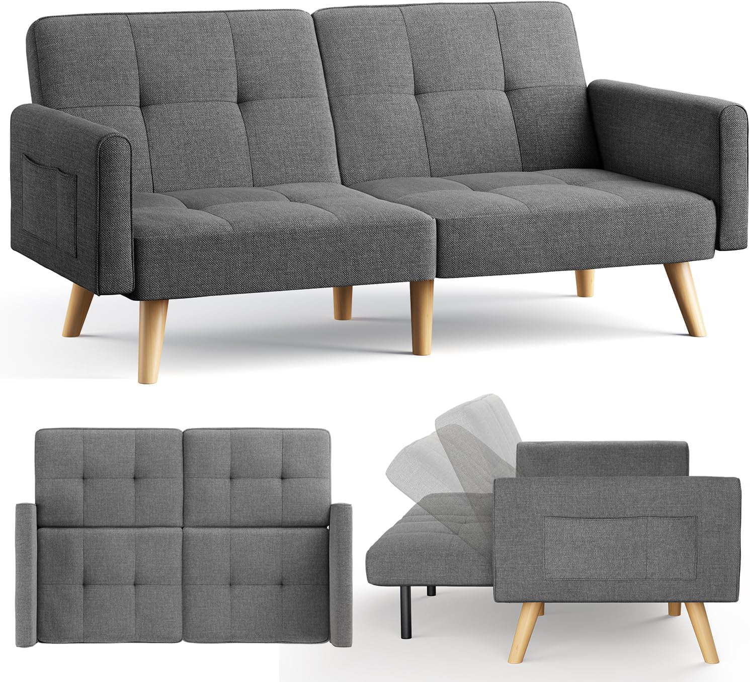 70.9" Sleeper Sofa with Adjustable Backrest, Modern Folding Daybed for Living Room, Dorm, Bedroom, Apart, 6 Legs and 2 Extra Support Rods, Removable Armrests
