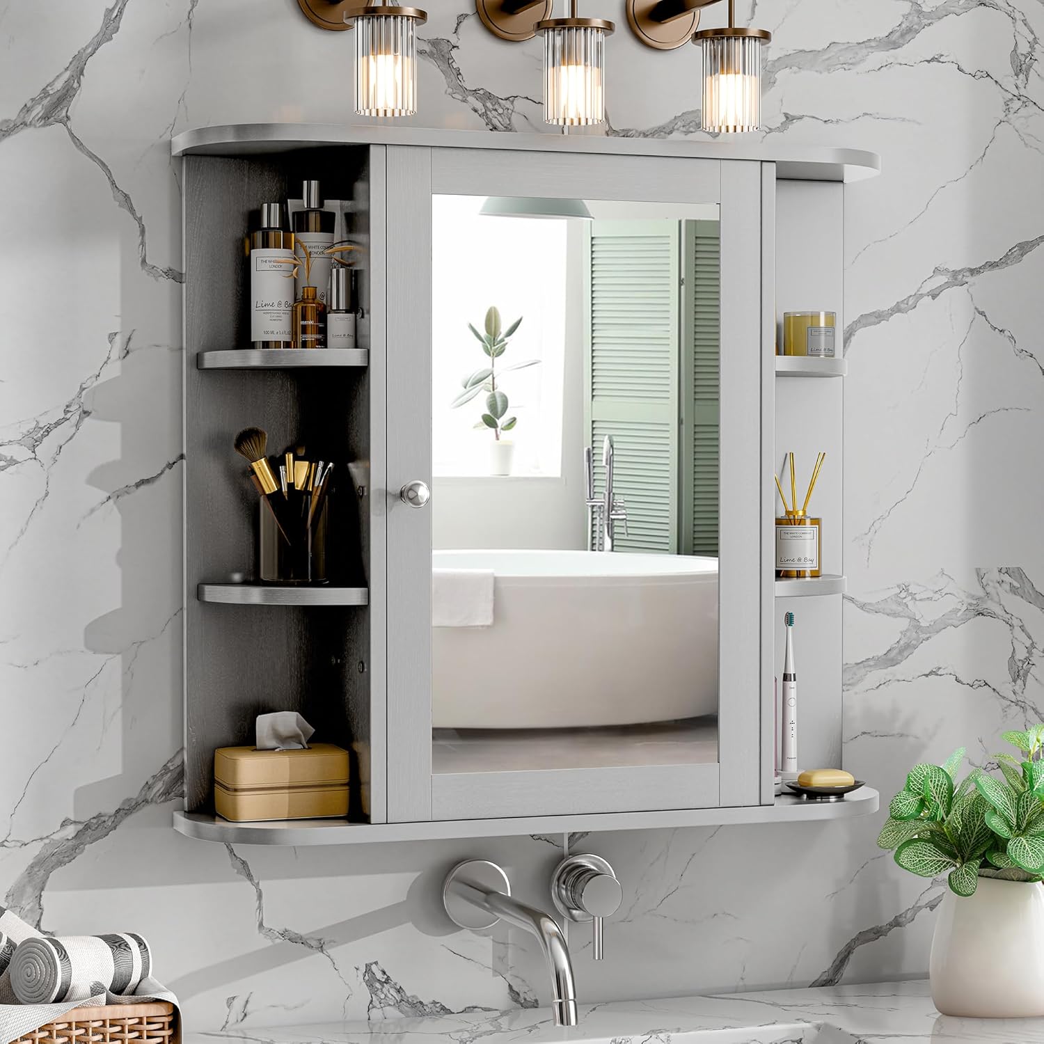 Bathroom Mirror Cabinet Wall Mounted, Bathroom Medicine Cabinet with Mirror and 6 Open Shelves