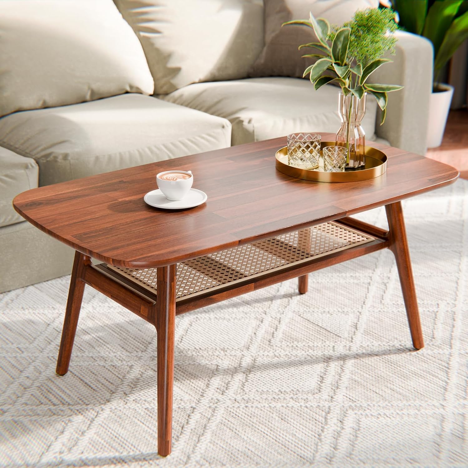 Solid Acacia Wood Coffee Table for Living Room, Spacious Oval-Shaped 237 Lbs Top Capacity, Rattan Shelf Below