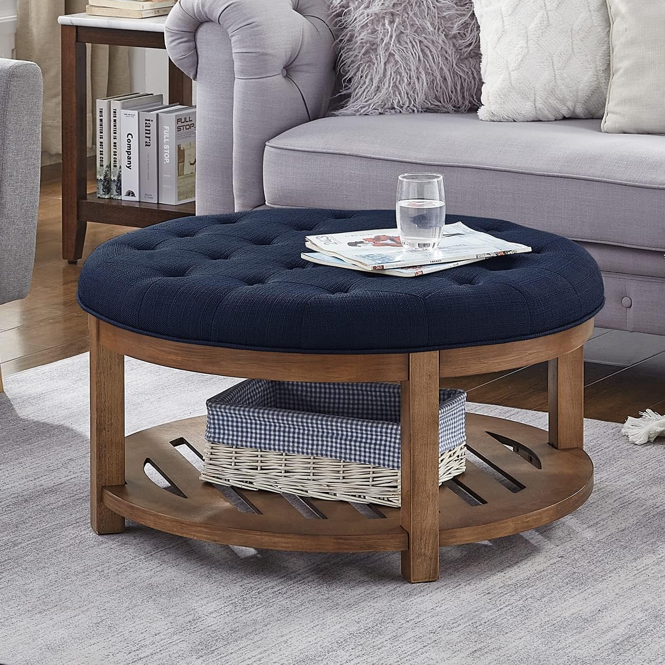 Large Round Upholstered Tufted Linen Ottoman Coffee Table