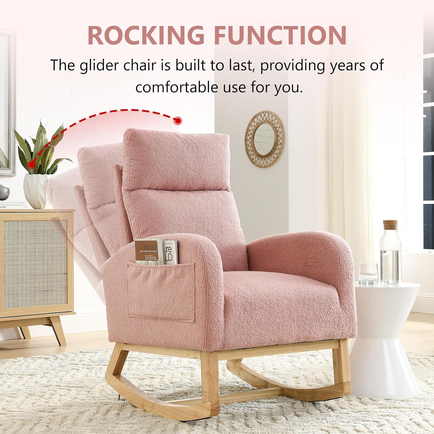 Modern Nursery Rocking Chair, Teddy Upholstered Glider Chair with High Back and Side Pocket, Comfy Accent Armchair with Wood Legs, Recliner Chair for Living Room (Pink)