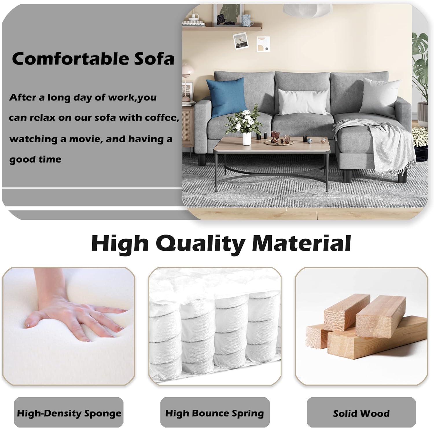 Convertible Sectional 3 L-Shaped Couch Soft Seat with Modern Linen Fabric, Small Space Sofas for Living Room, Apartment and Office, 70'', Gray