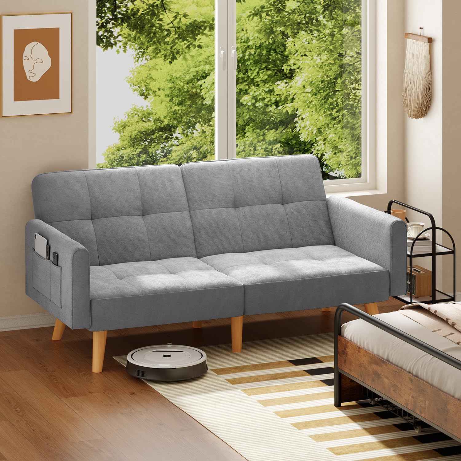 70.9" Sleeper Sofa with Adjustable Backrest, Modern Folding Daybed for Living Room, Dorm, Bedroom, Apart, 6 Legs and 2 Extra Support Rods, Removable Armrests