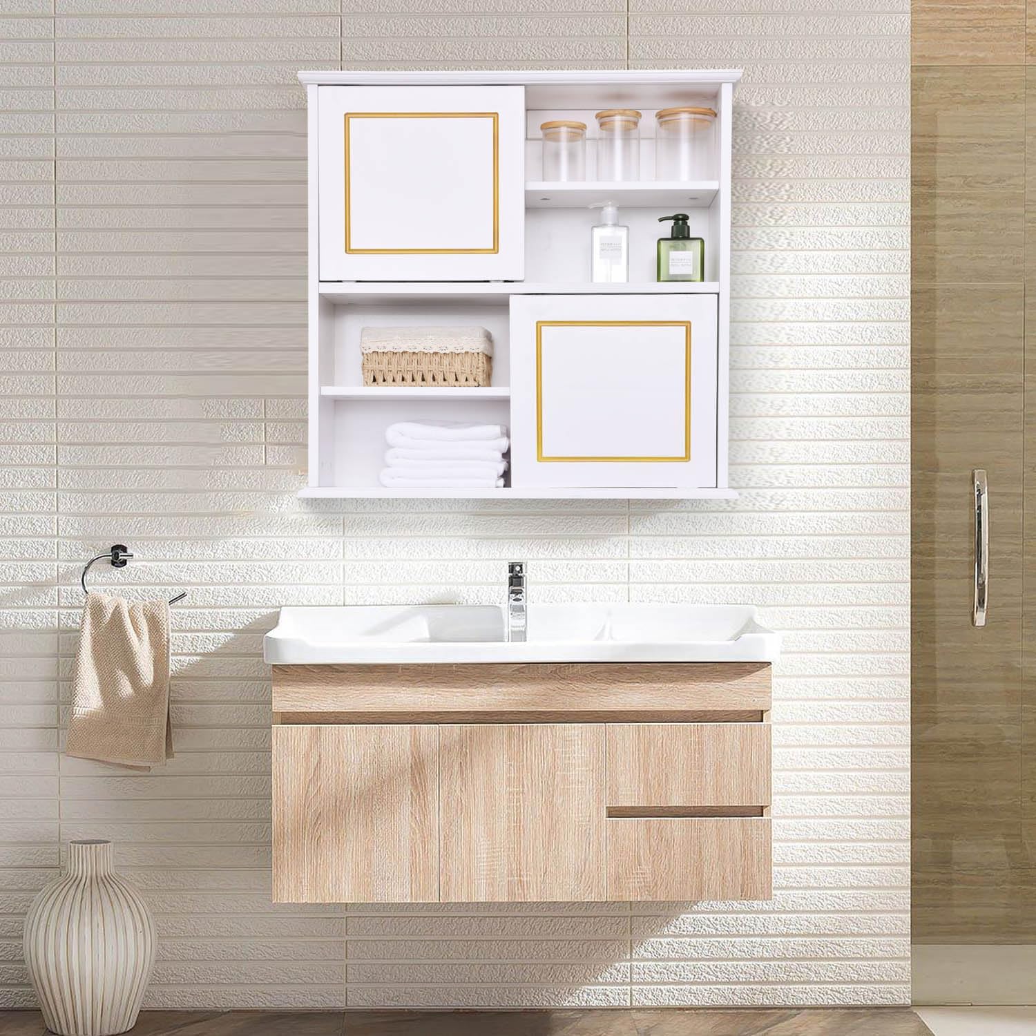 Wall Storage Cabinet, Bathroom Medicine Cabinets with Sliding Door and Adjustable Shelves