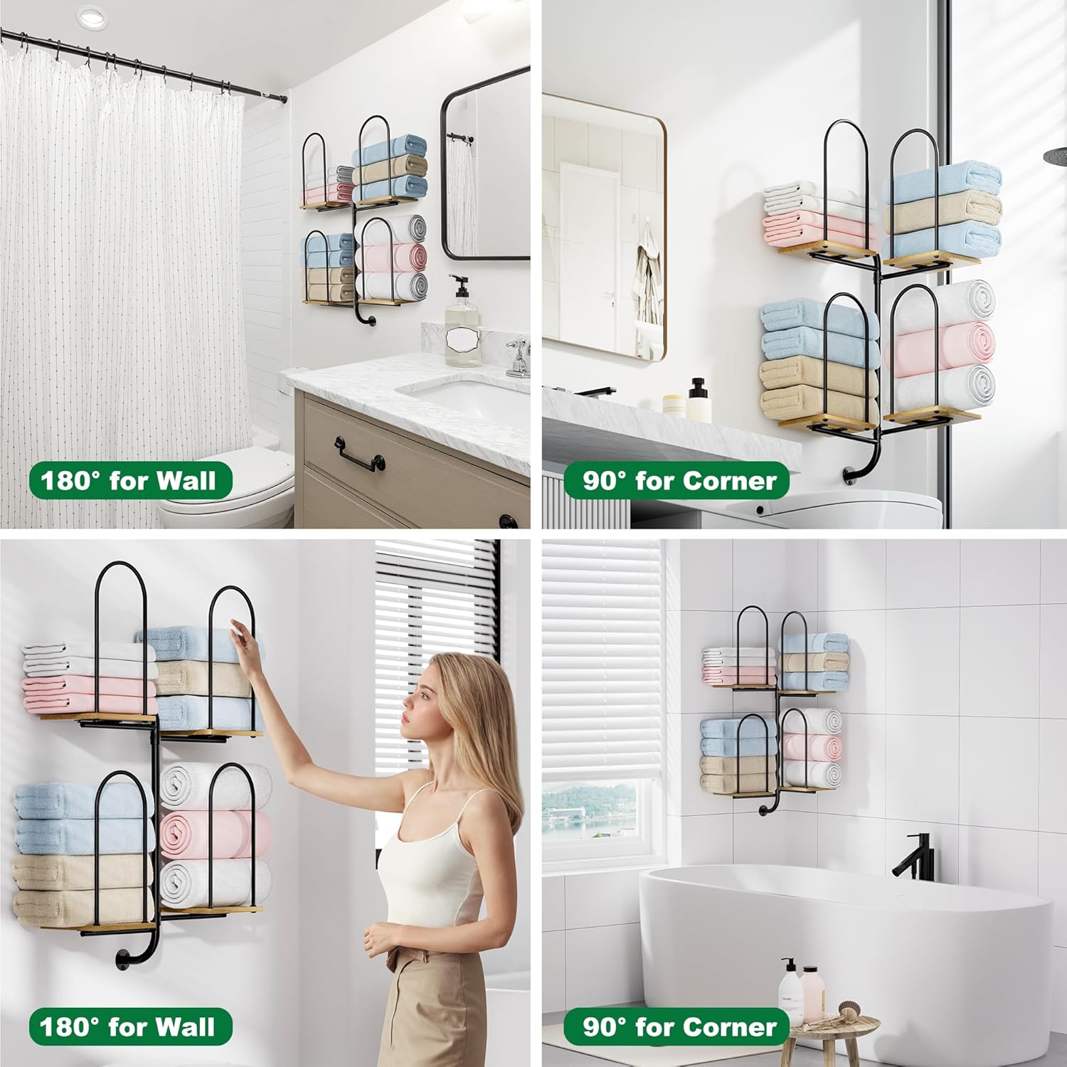 Towel Rack for Bathroom, Large Capacity Towel Holder for Bathroom Wall, Sturdy Wood for Rolled & Folded Towels