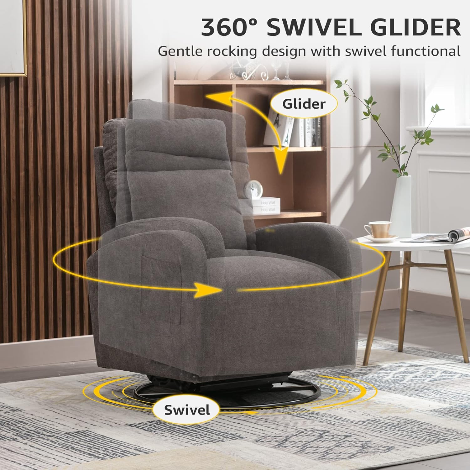 Upholstered Recliner and Swivel Glider, Rocker for Nursery, Rocking Accent Chair Padded Seat with High Backrest and Side Pocket for Living Room (Dark Grey)