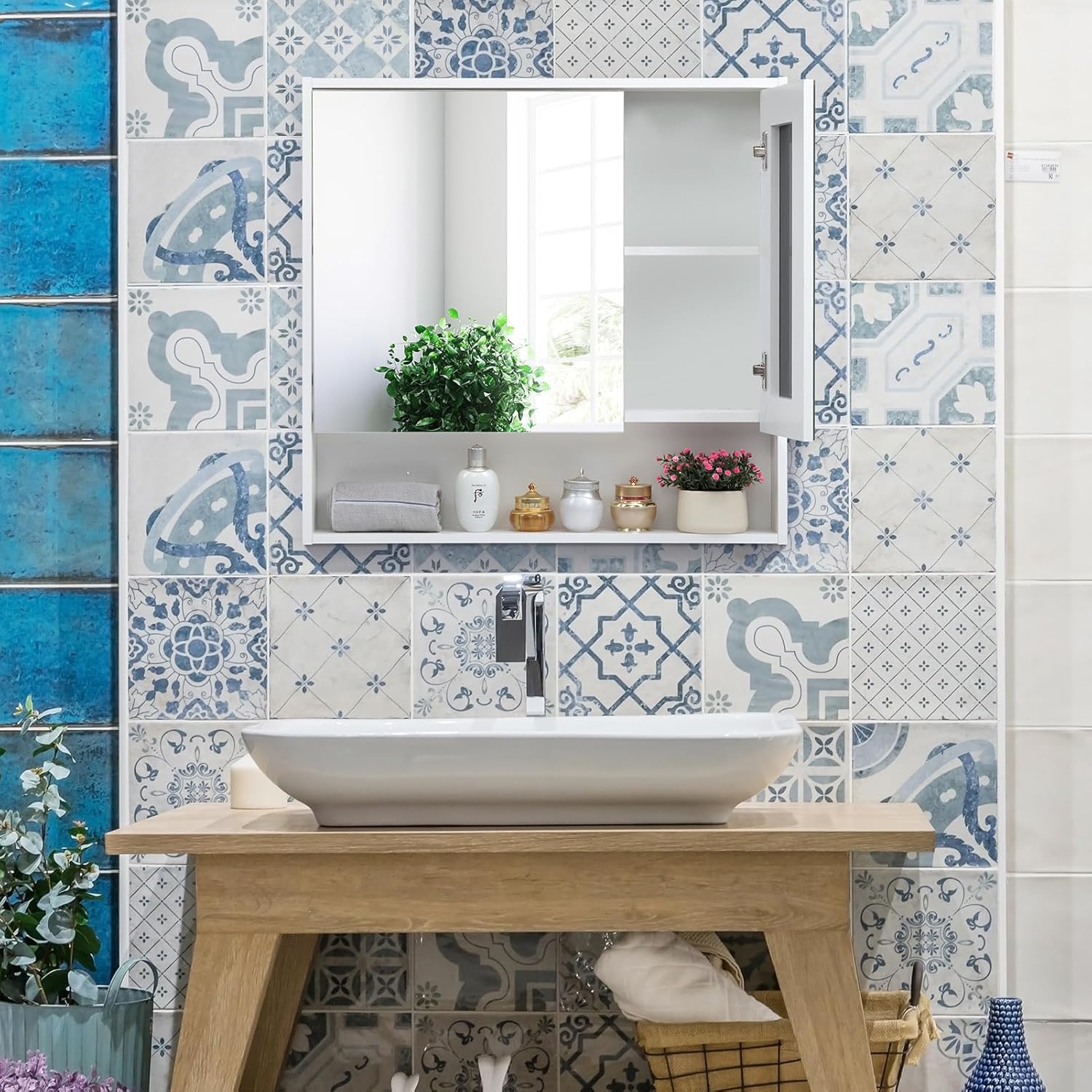 Medicine Cabinet with Mirror and Shelves, Bathroom Wood Wall Cabinet Over The Toilet