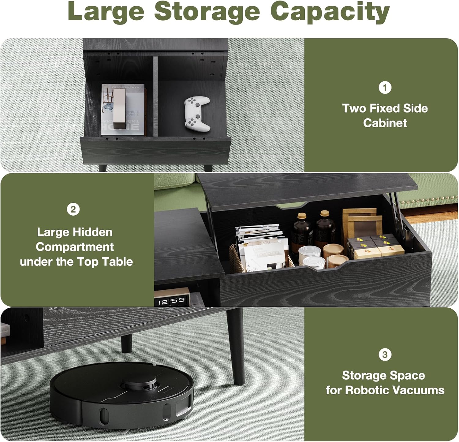 Wood Lift Top Coffee Table with Hidden Compartment and Large Storage Shelf