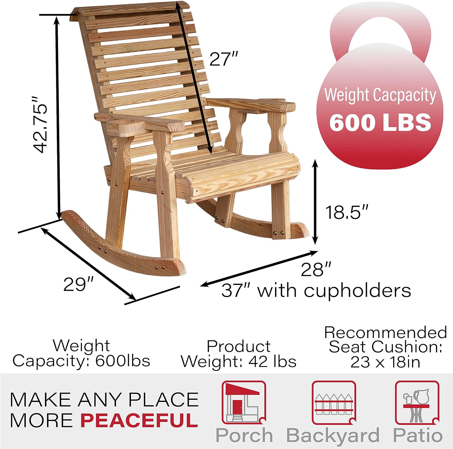 Heavy Duty 600 Lb Roll Back Pressure Treated Rocking Chair with Cupholders (Unfinished)