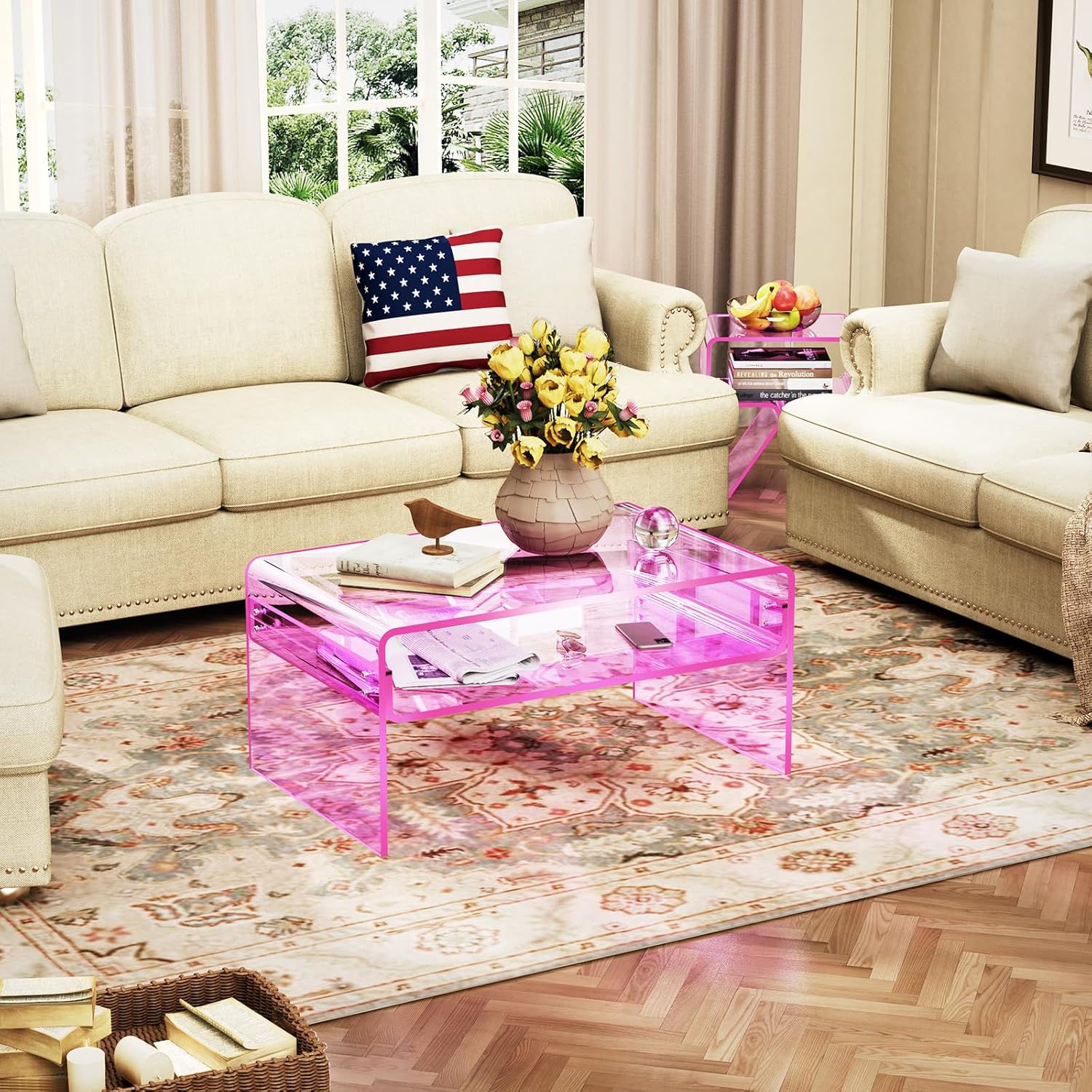 Acrylic Coffee Table for Living Room Clear Rectangle Lucite Table with Open Storage Shelf (1, Pink, Large)