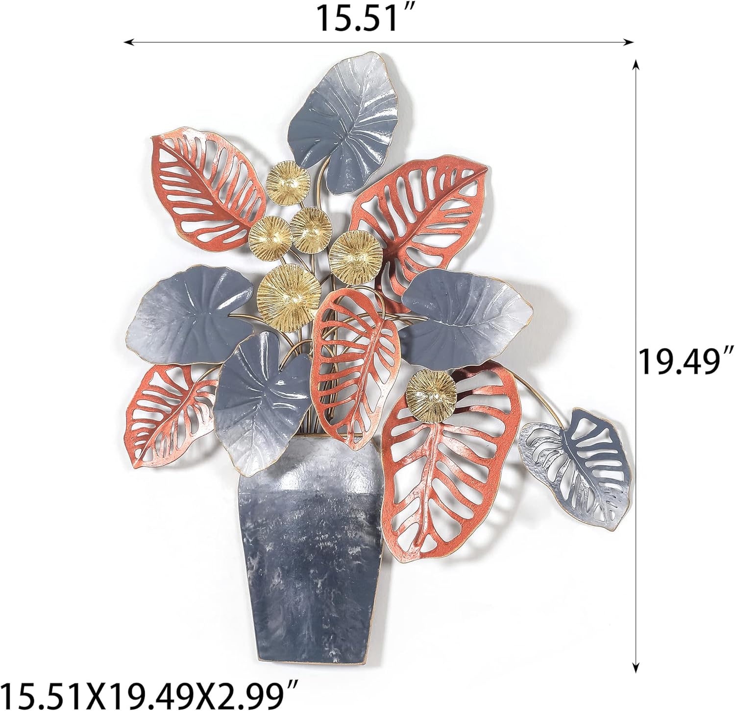 19 inch Metal Leaf Wall Decor in Vase Home Wall Art Sculptures