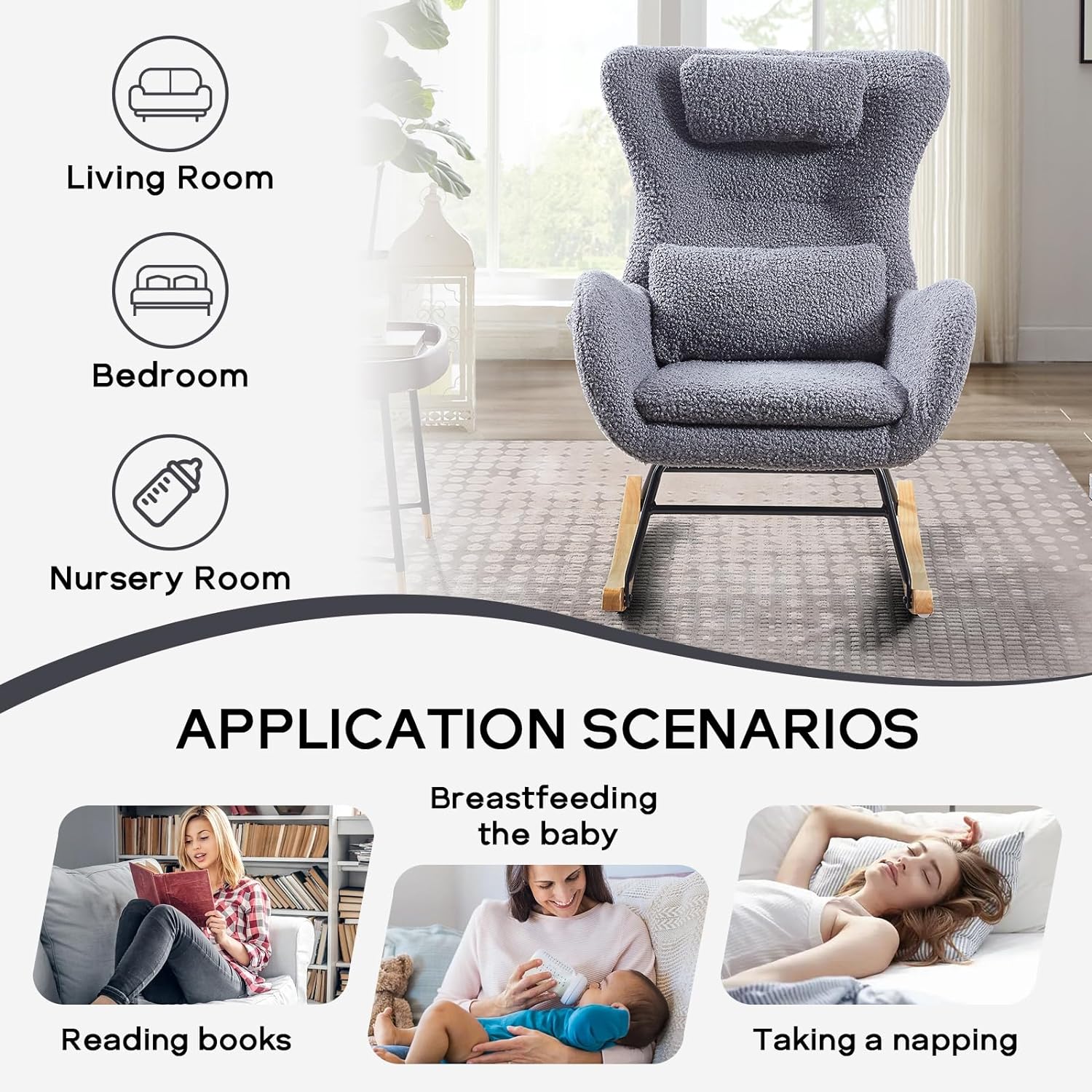 Nursery Rocking Chair, Teddy Upholstered Glider Rocker with Headrest and Lumbar Pillow, High Backrest Rocking Accent Chair with Side Pocket, Comfy Armchair for Living Room