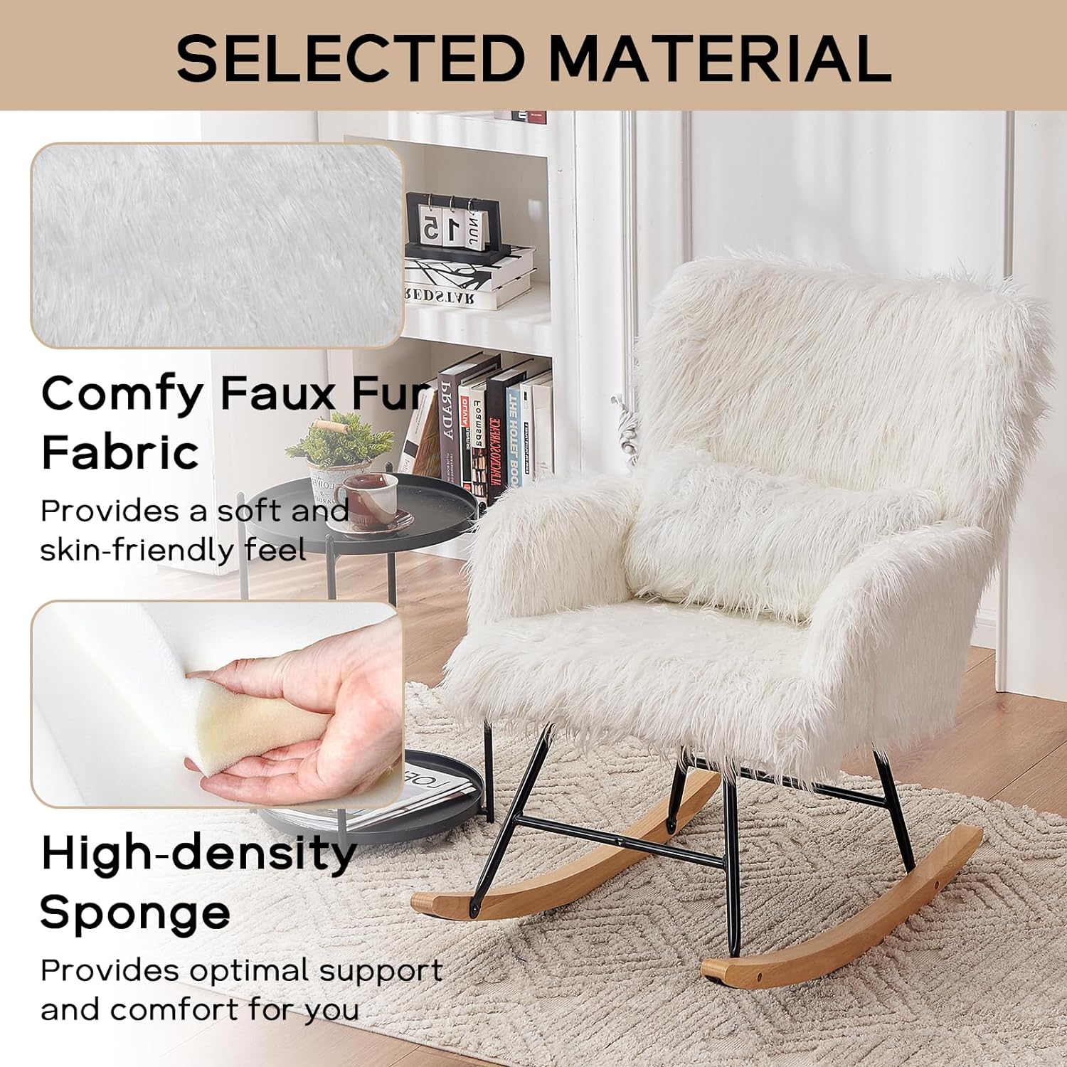Nursery Rocking Chair, Faux Fur Upholstered Glider Rocker with Lumbar Pillow, High Backrest Rocking Accent Chair, Comfy Armchair for Living Room, Bedroom, Office (White)