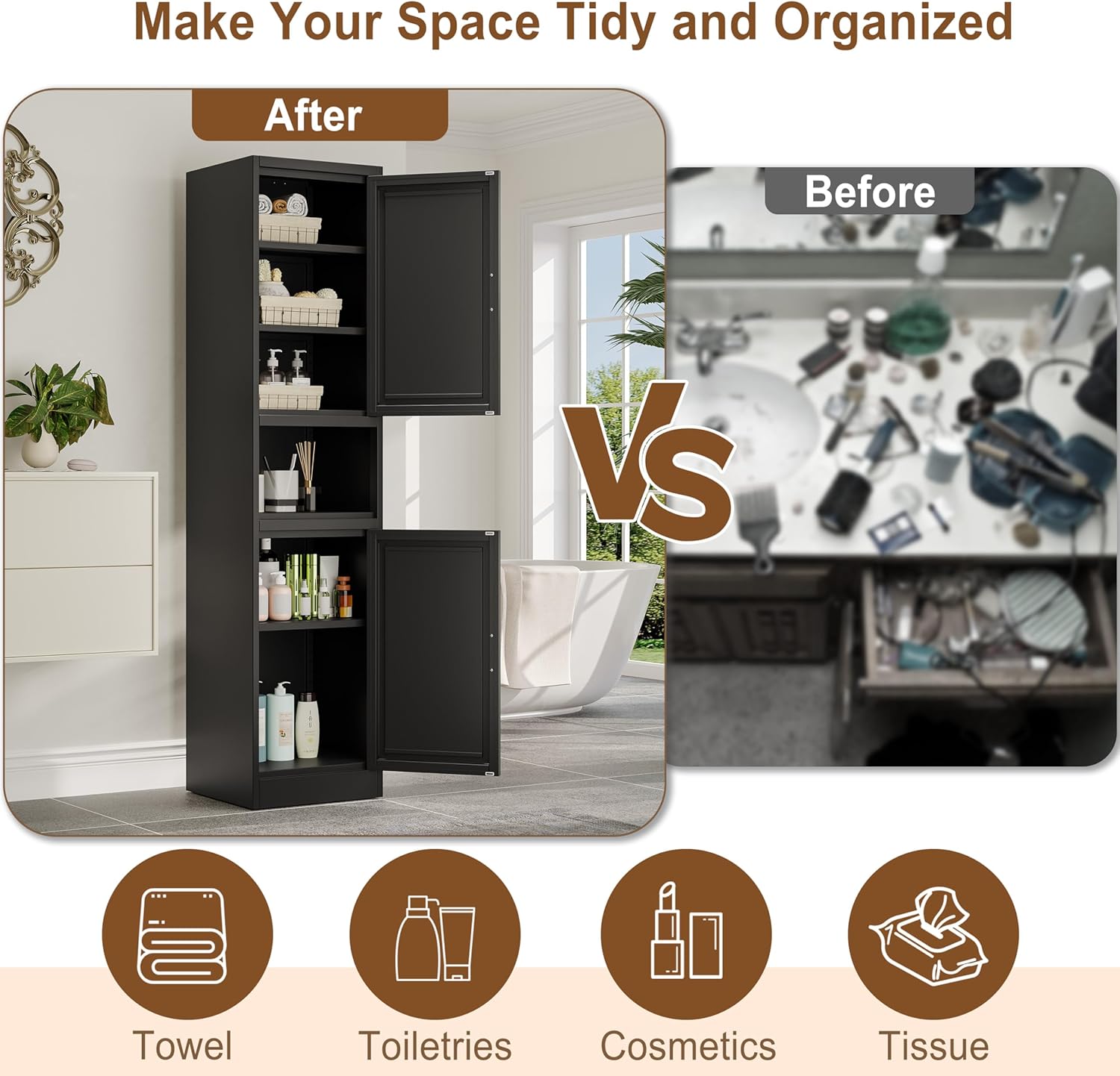 Tall Bathroom Storage Cabinet, 71" H Slim Corner Floor Cabinet with 2 Doors and 3 Adjustable Shelves