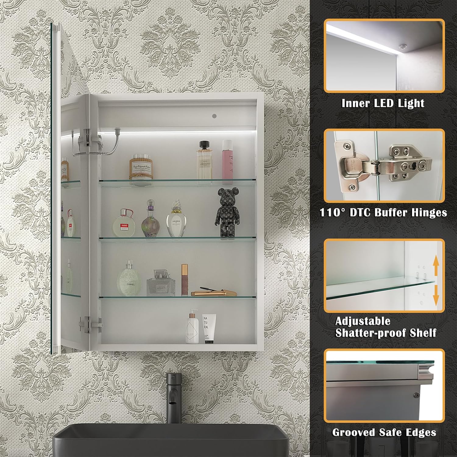 Bathroom Medicine Cabinet with Mirror, 20x30 Inch Led Medicine Cabinets with Lights, Defogger