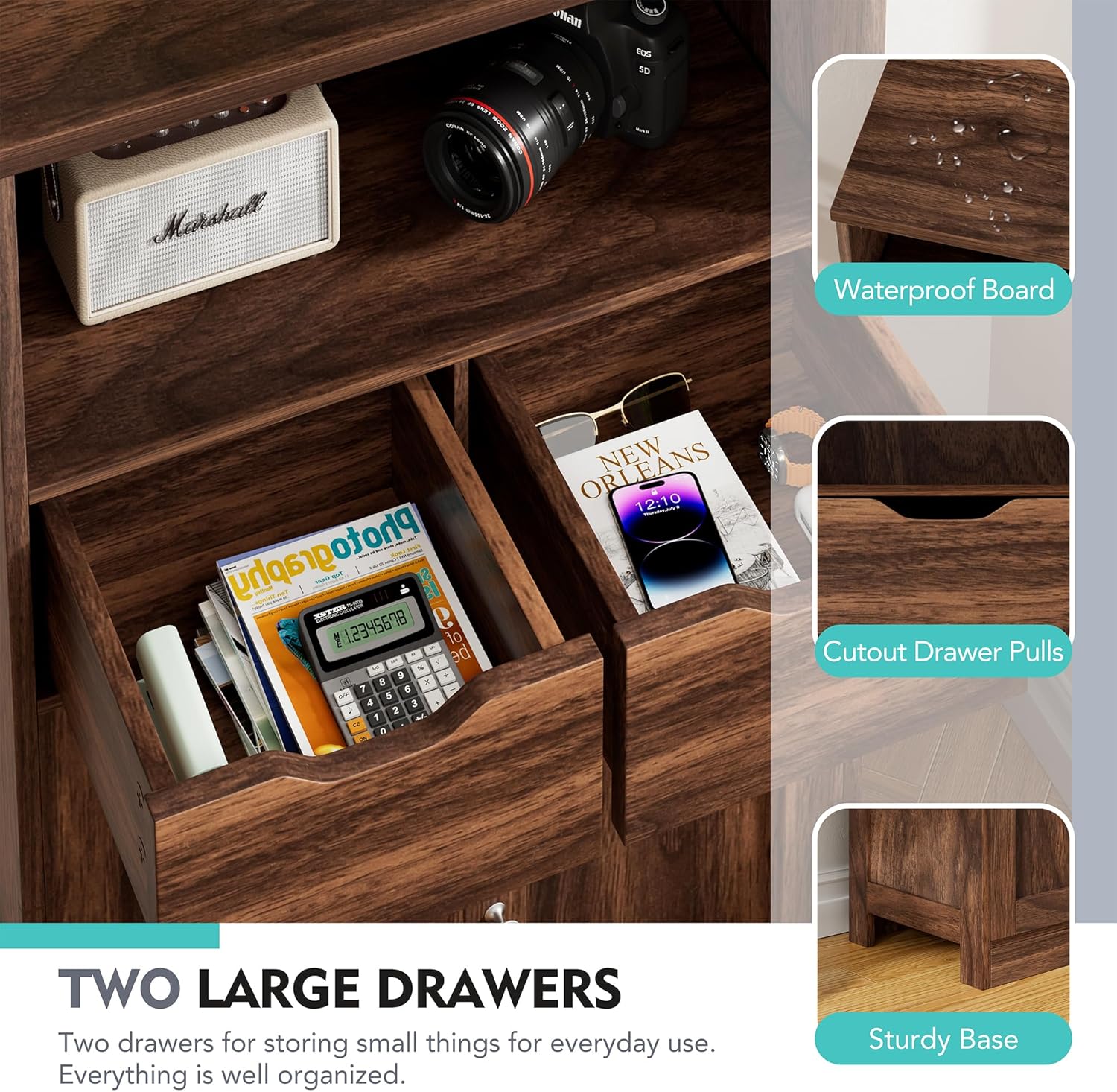 Bathroom Storage Cabinet, Freestanding Pantry Cabinet with 2 Drawers and Adjustable Shelves, Wooden Floor Storage Organizer for Bathroom