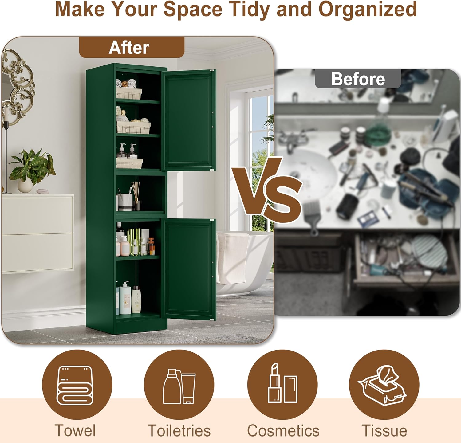 Tall Bathroom Storage Cabinet, 67" H Slim Corner Floor Cabinet with 2 Doors and 3 Adjustable Shelves, Small Space Narrow Bathroom Organizer