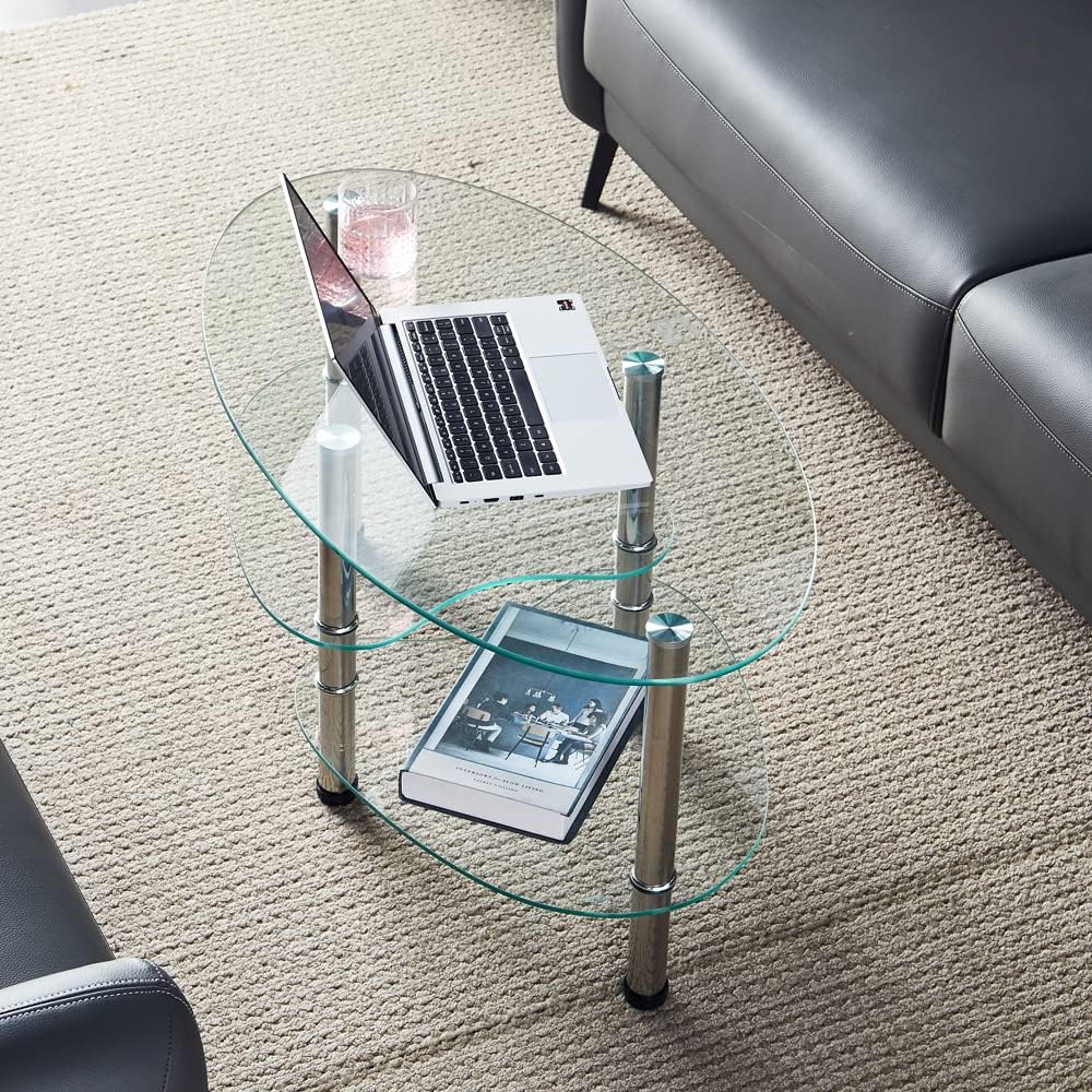 Oval-Shaped Glass Tea Table for Office, 3-Tier Modern Coffee Table