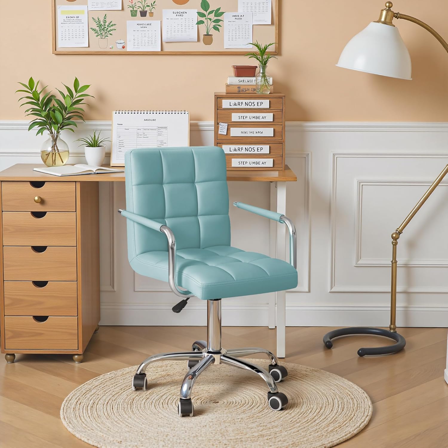 Mid-Back Office Task Chair Ribbed PU Leather Executive Chair Modern Adjustable Home Desk Retro Comfortable Work Chair 360 Degree Swivel with Arms