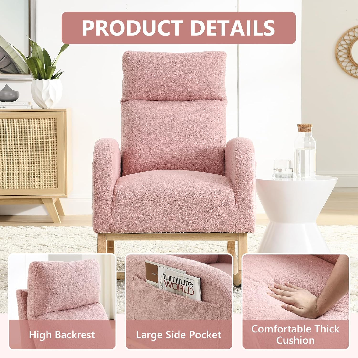 Modern Nursery Rocking Chair, Teddy Upholstered Glider Chair with High Back and Side Pocket, Comfy Accent Armchair with Wood Legs, Recliner Chair for Living Room (Pink)