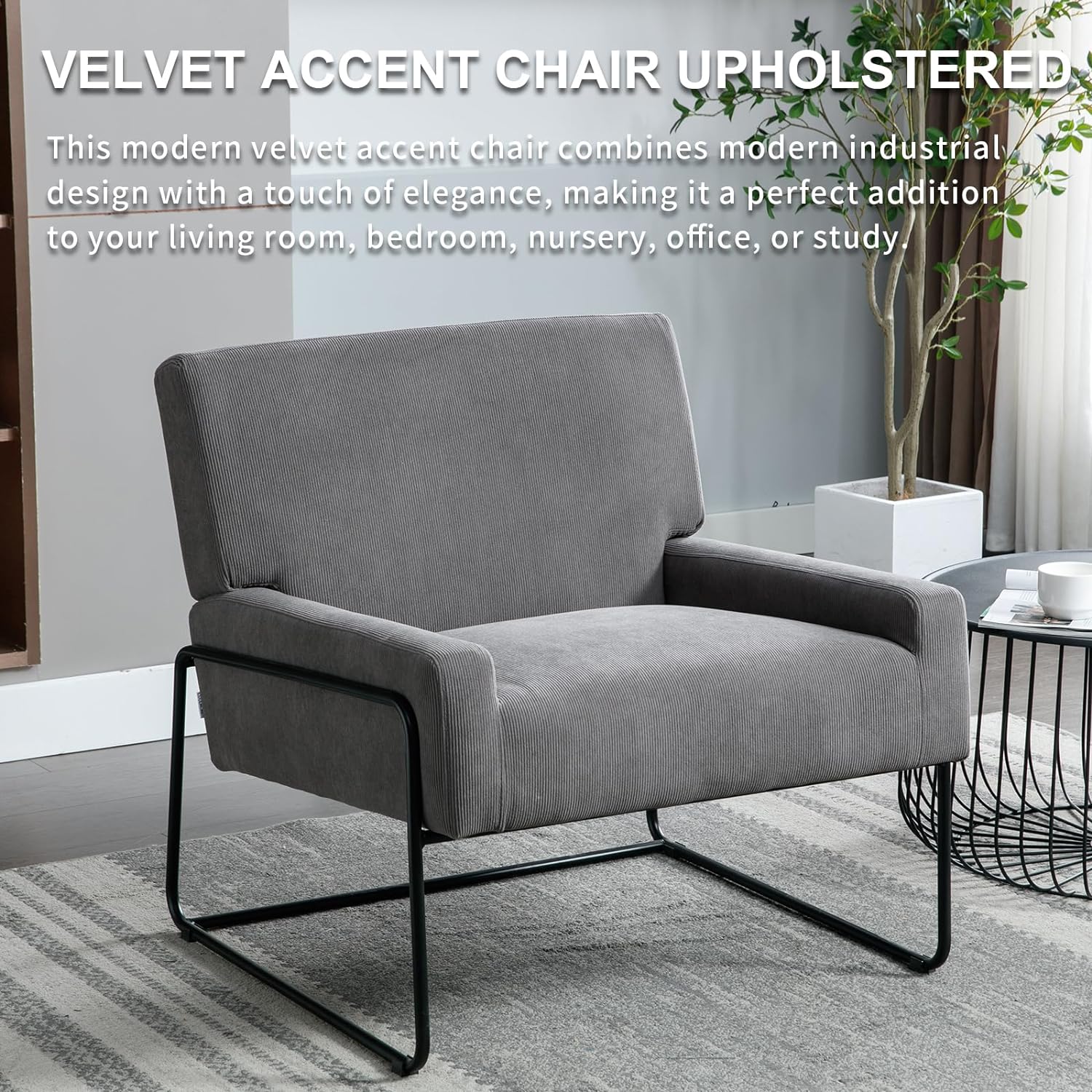 Velvet Accent Chair Upholstered, Modern Industrial Slant Armchair with Metal Frame, Premium High Density Soft Cushion Comfort Single Chair for Living Room, Office, Study (Grey)