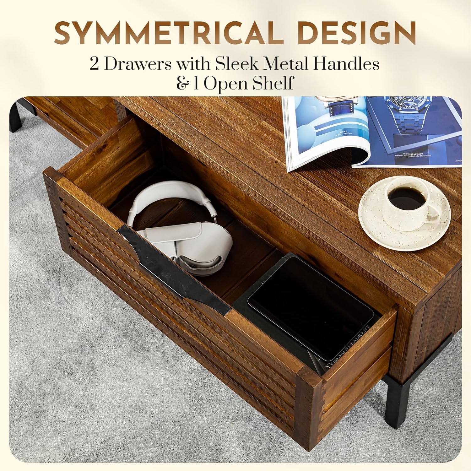 Solid Wood Coffee Tables, Industrial Modern Living Room Center Desk with 2 Storage Drawers