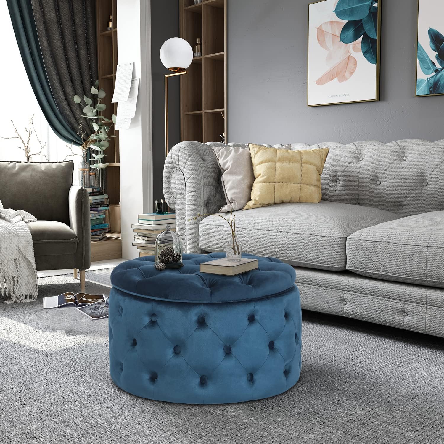 Modern 24.8 Inch Blue Round Storage Ottomans Chair, Button Tufted Upholstered Ottoman Footstool