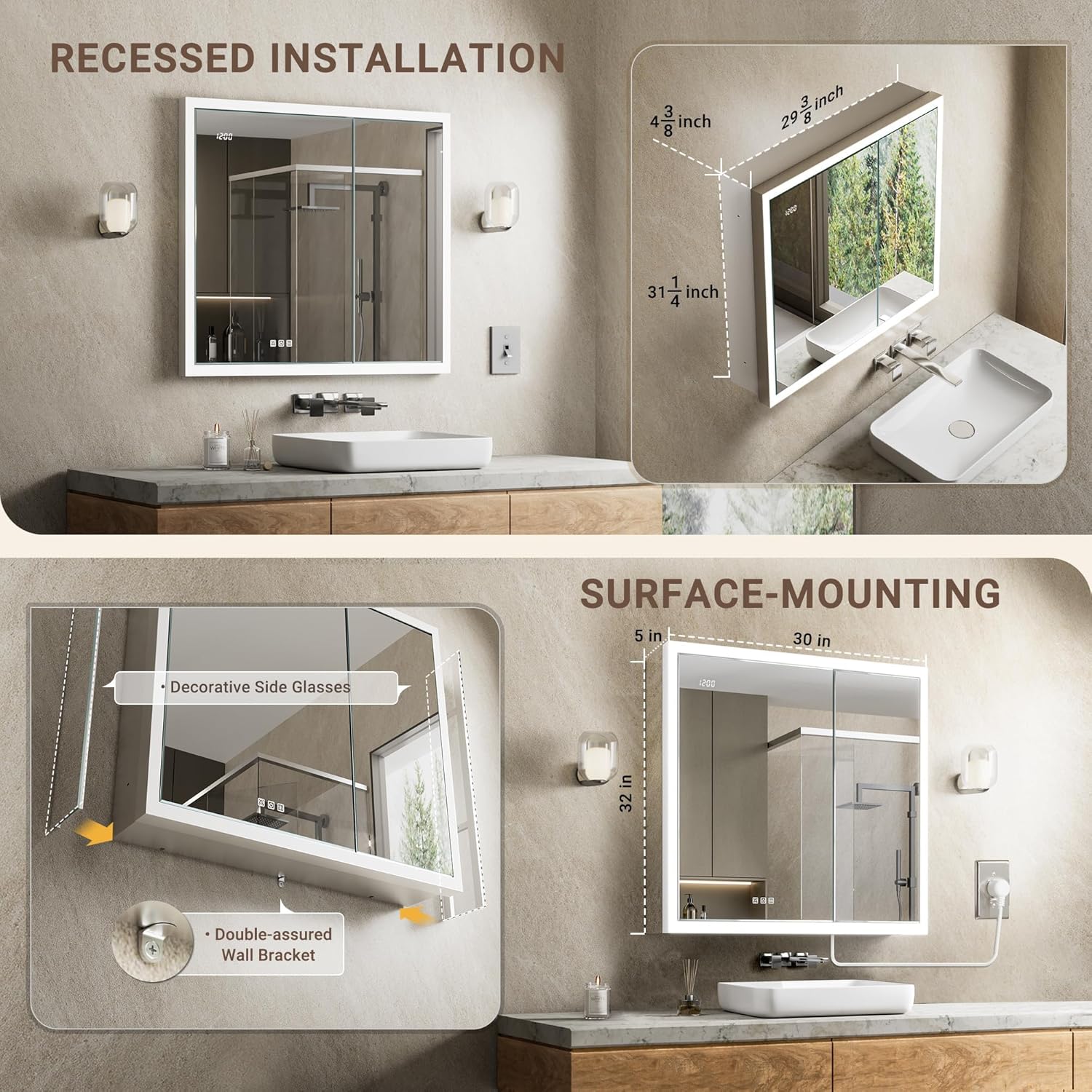 30x32 LED Medicine Cabinet with Mirror, Surface or Recessed Lighted Medicine Cabinet with Mirror