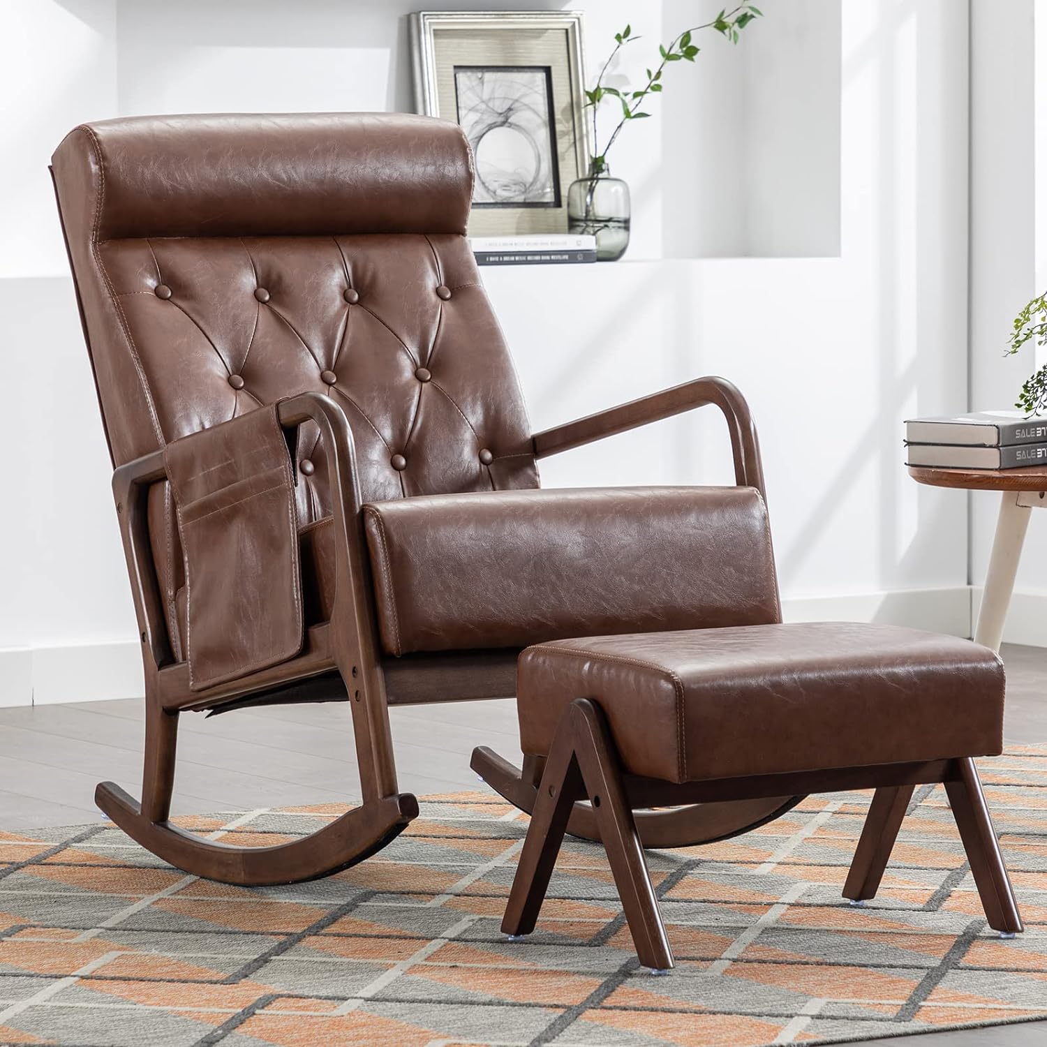 Nursery Rocking Chairs with Ottoman, Upholstered Glider Chair with Rubber Wood Legs and Side Pocket, Mid-Century Rocking Accent Chair for Living Room Bedroom (Brown PU)