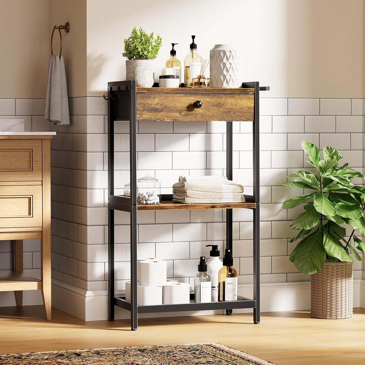 Farmhouse Bathroom Standing Shelf - Floor Freestanding Ladder Storage Shelves Organizer with Drawer Toilet Paper Holder