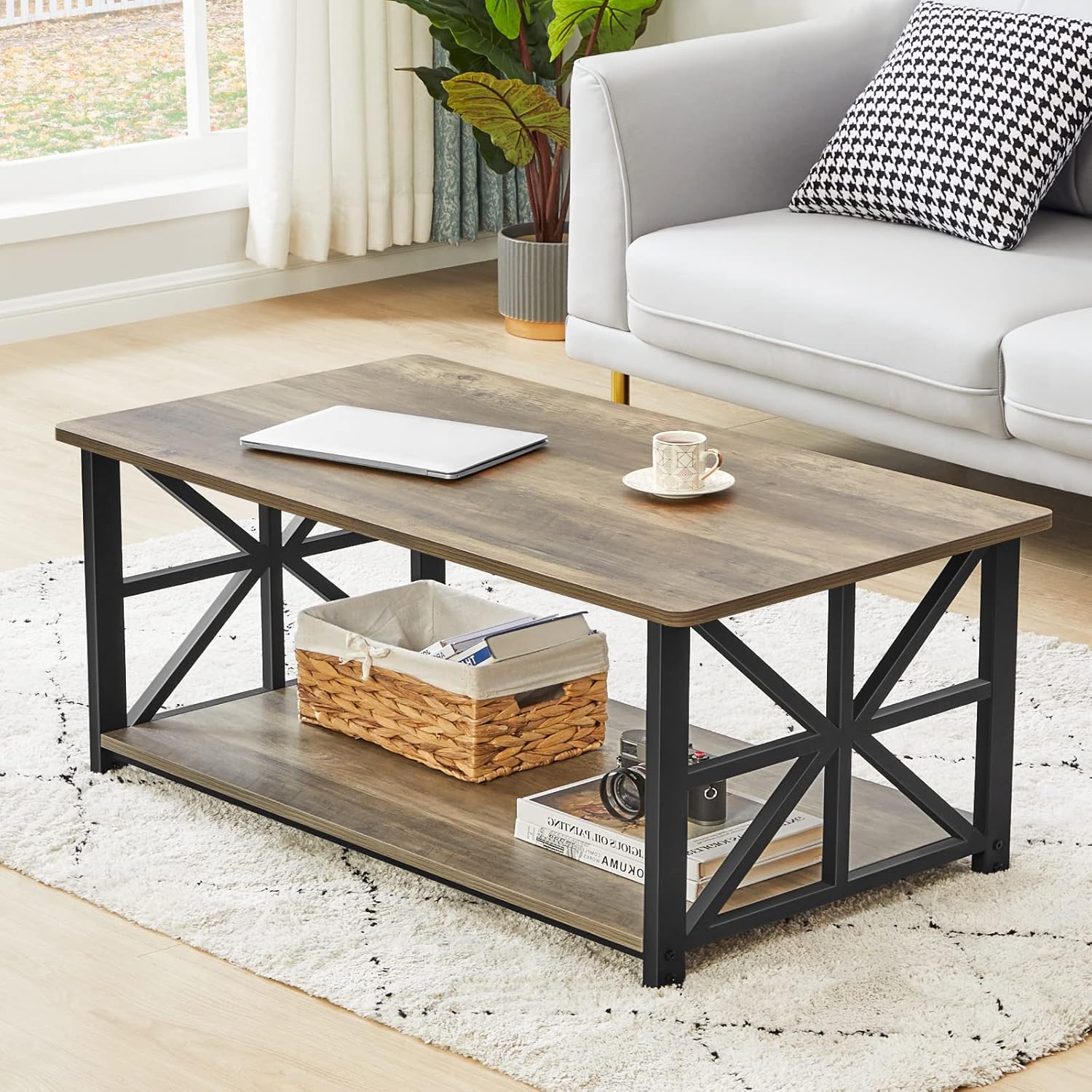 Coffee Table for Living Room with Round Corners Farmhouse Style Center Table with Storage Shelf