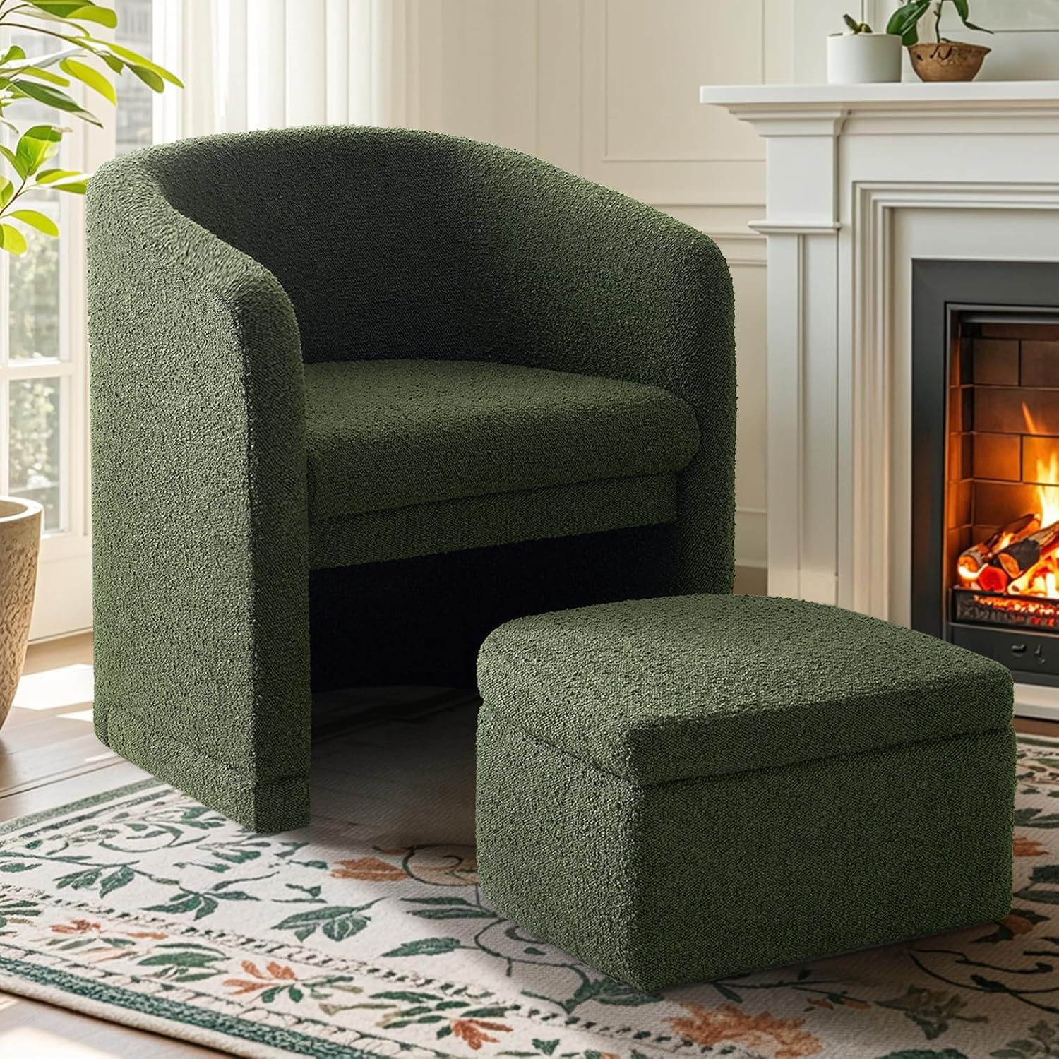 Green Accent Chair with Storage Ottoman, Upholstered Barrel Arm Chair with Footrest, Modern Living Room Side Chair for Bedroom/Office/Small Space
