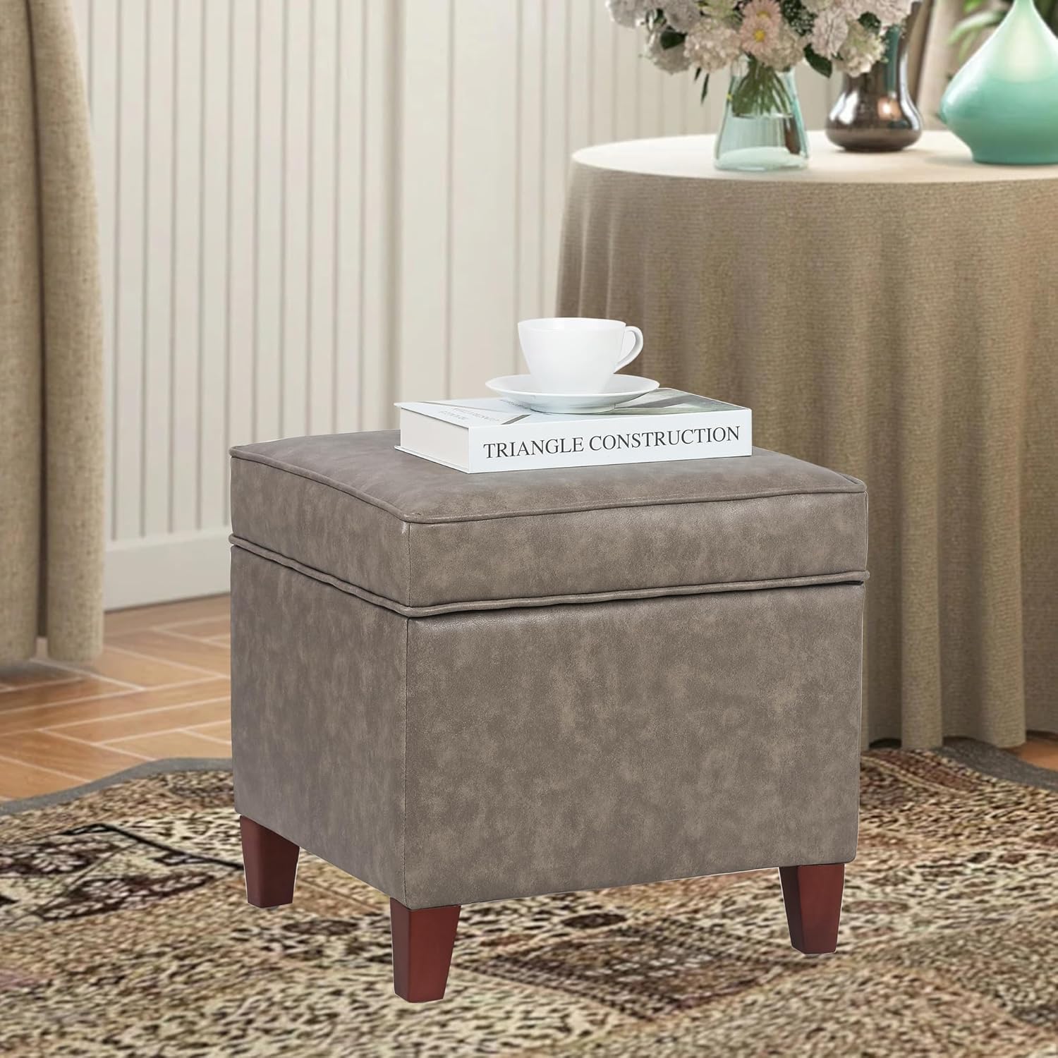 17.5" Square Faux Leather Ottoman with Storage - Upholstered PU Foot Rest - Flip Top Footstool