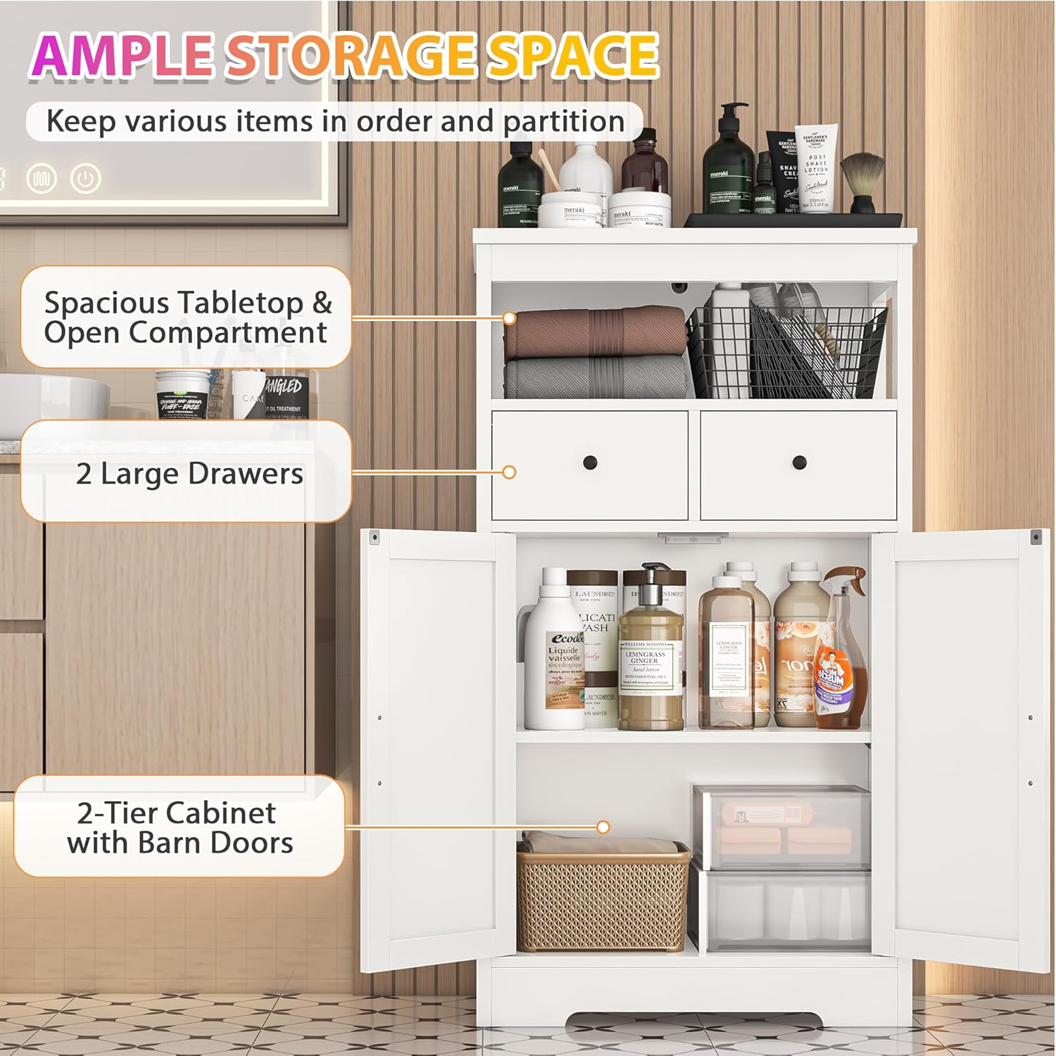 Farmhouse Storage Cabinet, Bathroom Storage Cabinet with 2 Drawers & Adjustable Shelves
