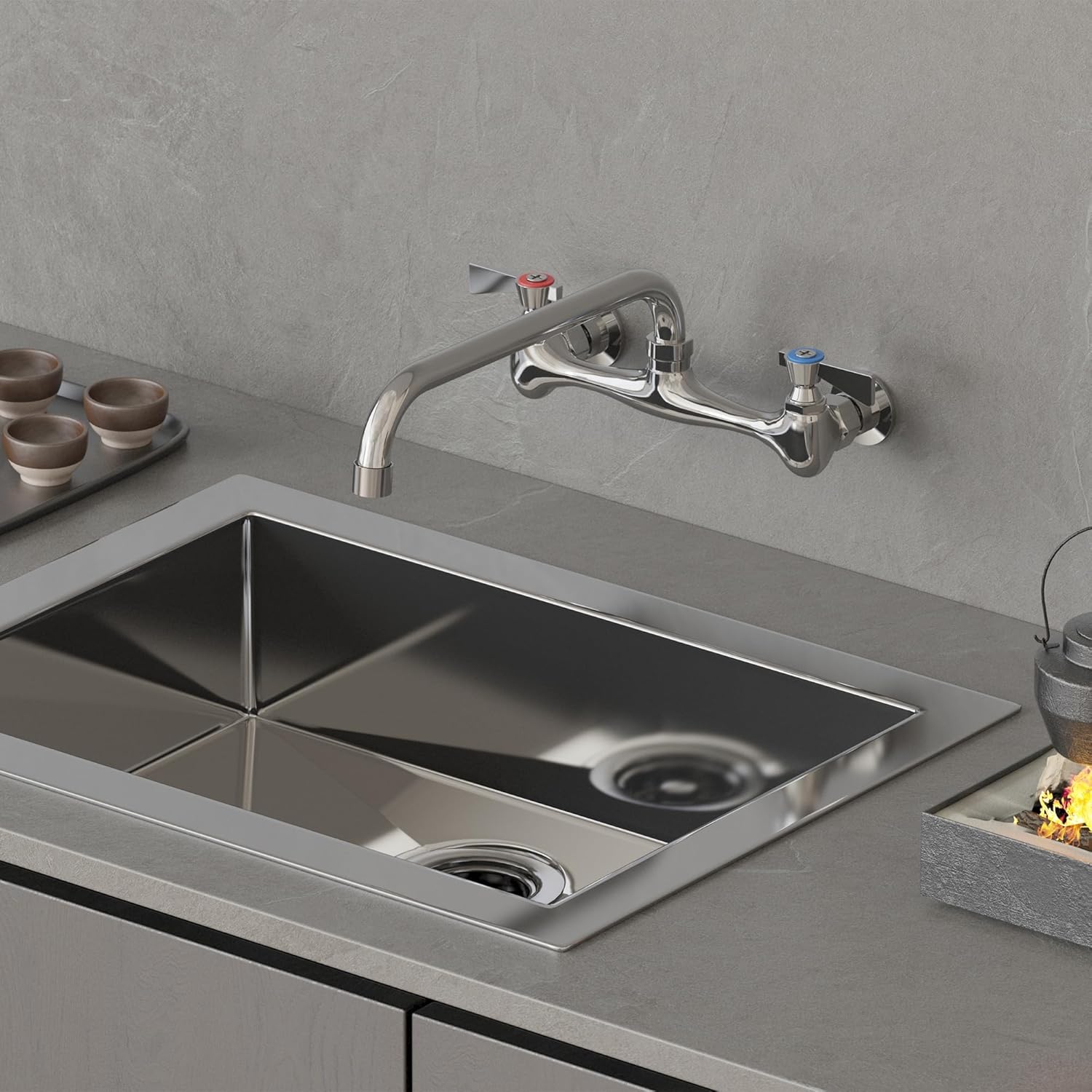 Wall Mount Commercial Sink Faucet with 12” Swivel Spout Polish Chrome Brass Utility Sink Faucet for Kitchen Laundry Restaurant Industrial Compartment Sink（Include 90 Degree Adapters）