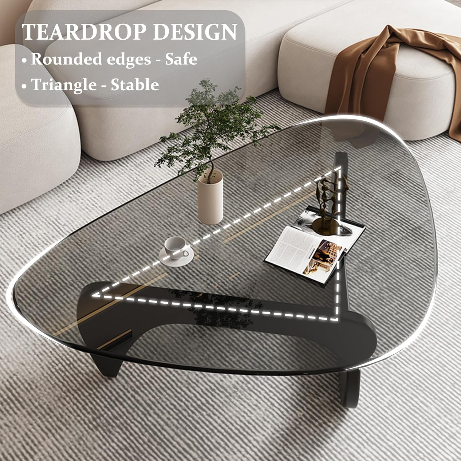 Small Oval Glass Coffee Table Modern Triangle Coffee Table 32.2"D x 22.5"W x 16"H